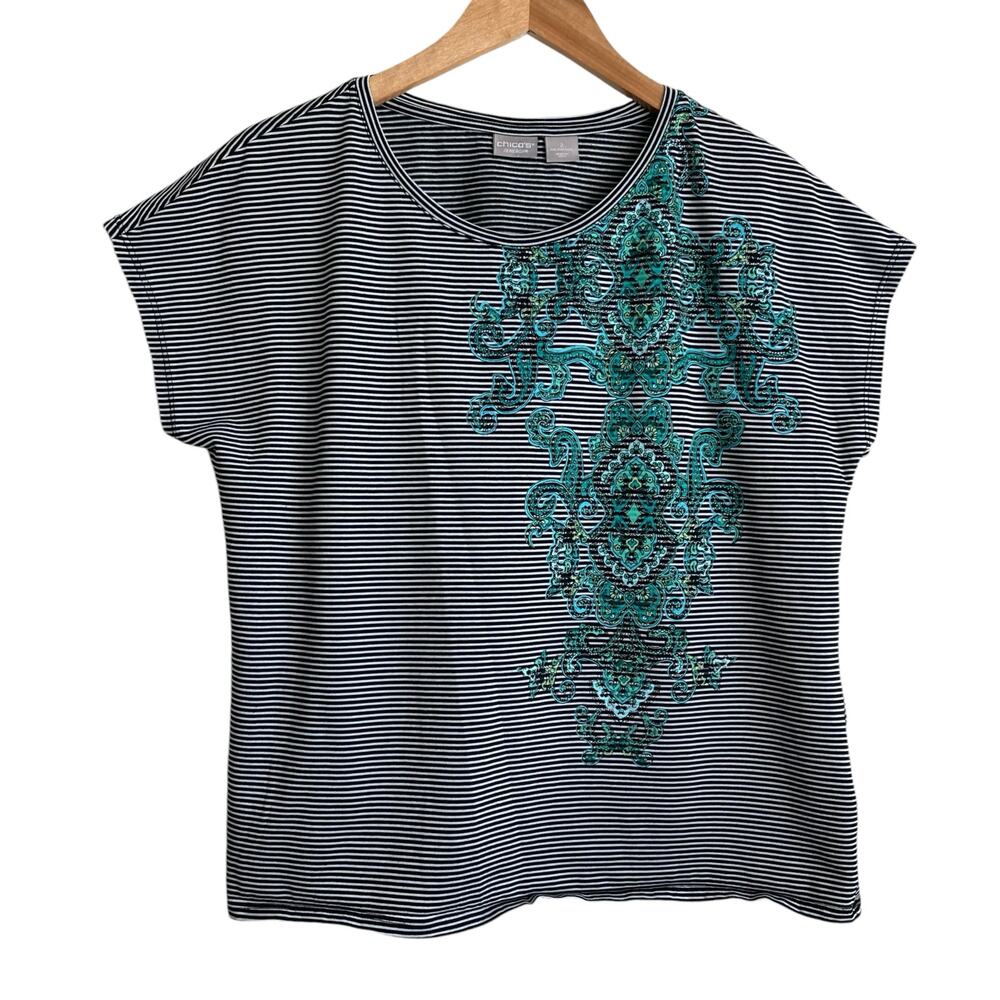 Chicos 2 Women Top L Black Stripe Paisley Design Coastal Nautical Travel Casual